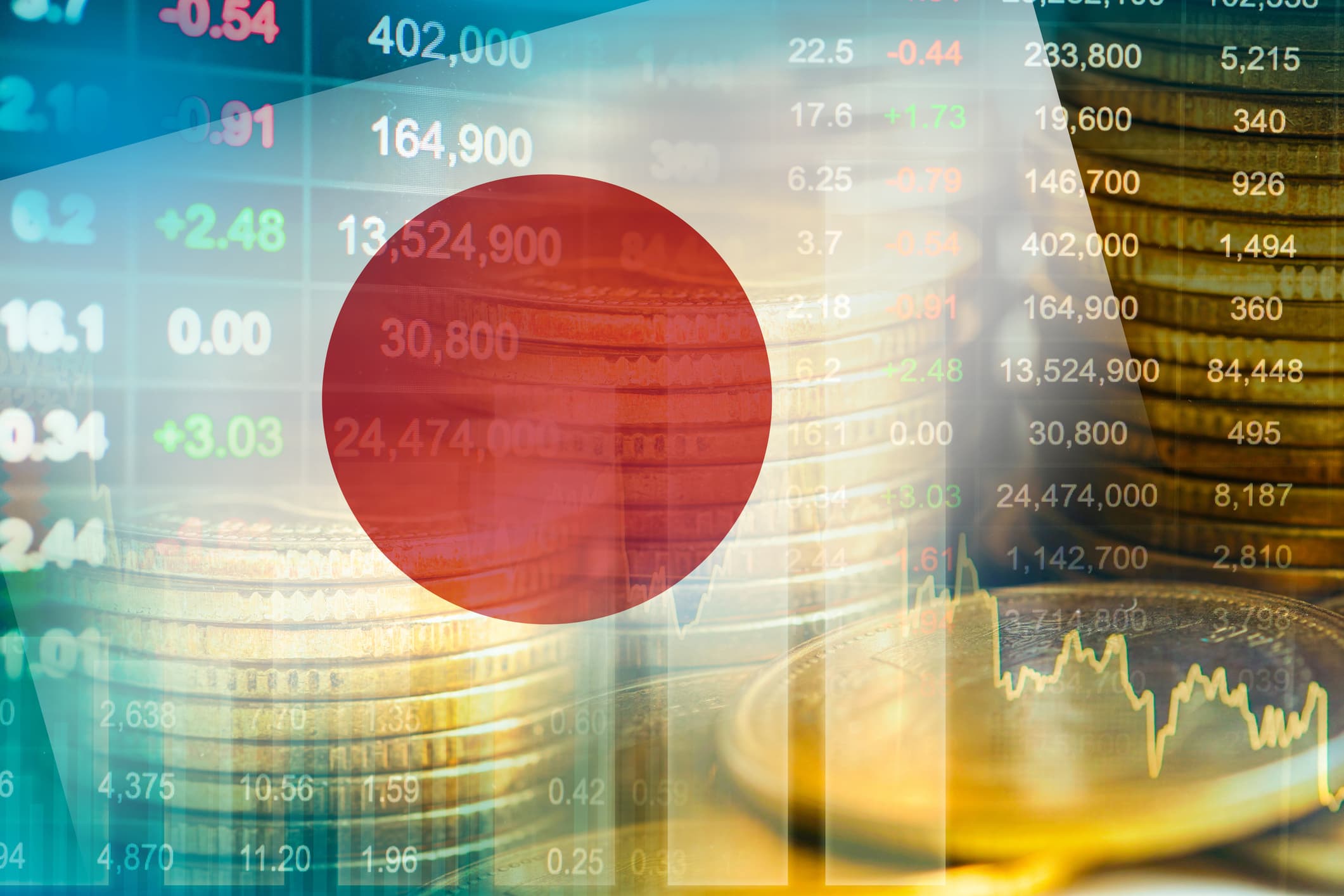 An editorial picture of the Japan flag set against an economic trend graph and images associated with the stock market, finance and digital technology.