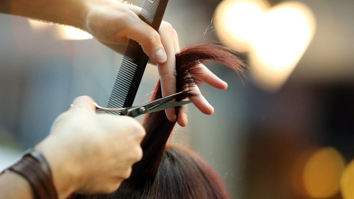 Hairdresser trimming blond hair with scissors