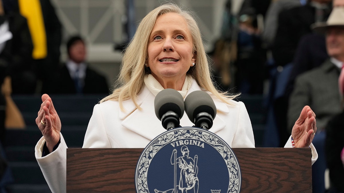 Virginia Gov. Abigail Spanberger gestures as she delivers inauguration speech