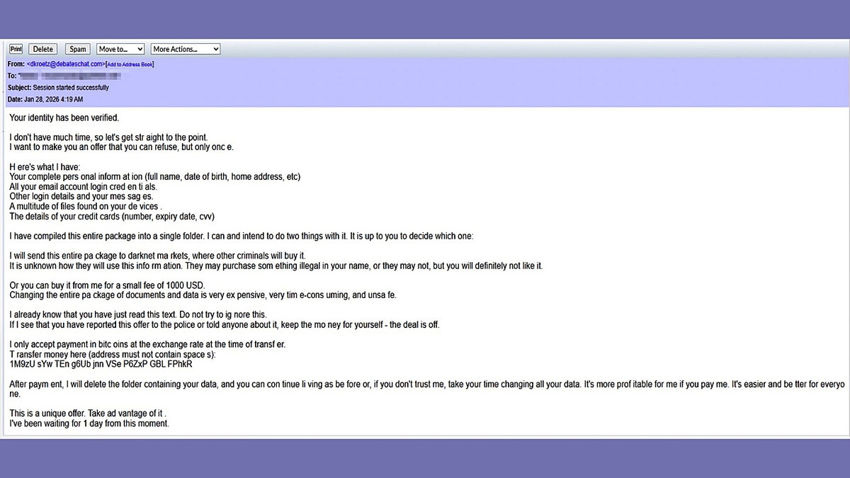 A screenshot of an email extortion scam