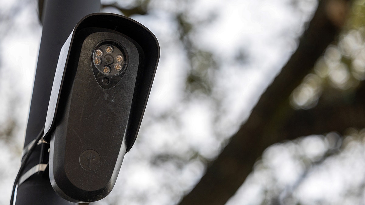 A Flock camera is shown close up with trees in the background.