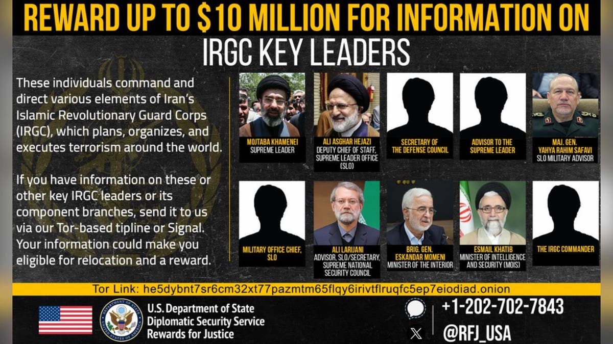 State Department Rewards for Justice poster offering $10 million reward for information on IRGC leaders